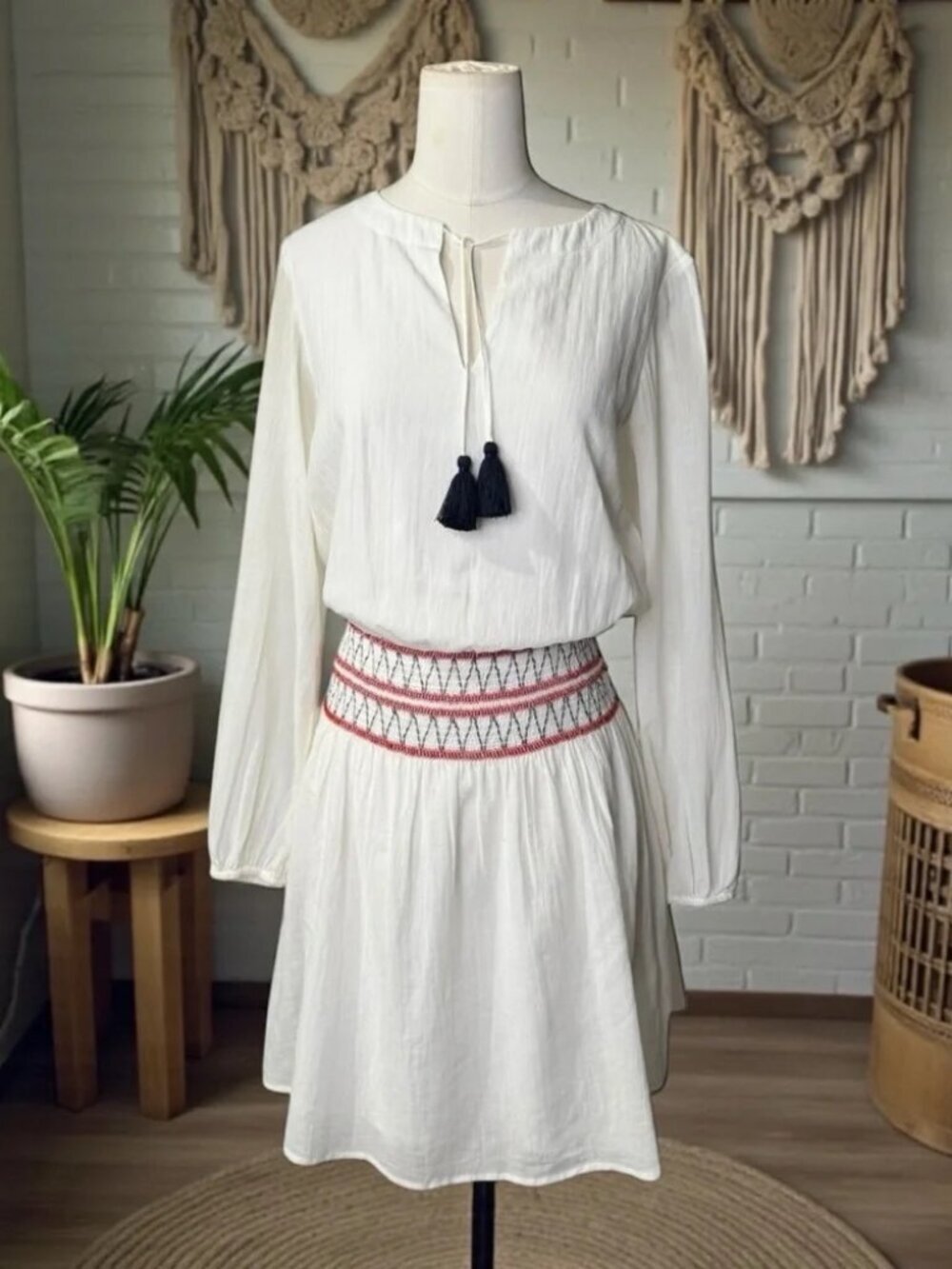 Sail to Sable White Boho Tassel Dress | Smocked Waist Long Sleeve Mini - Picture 6 of 10